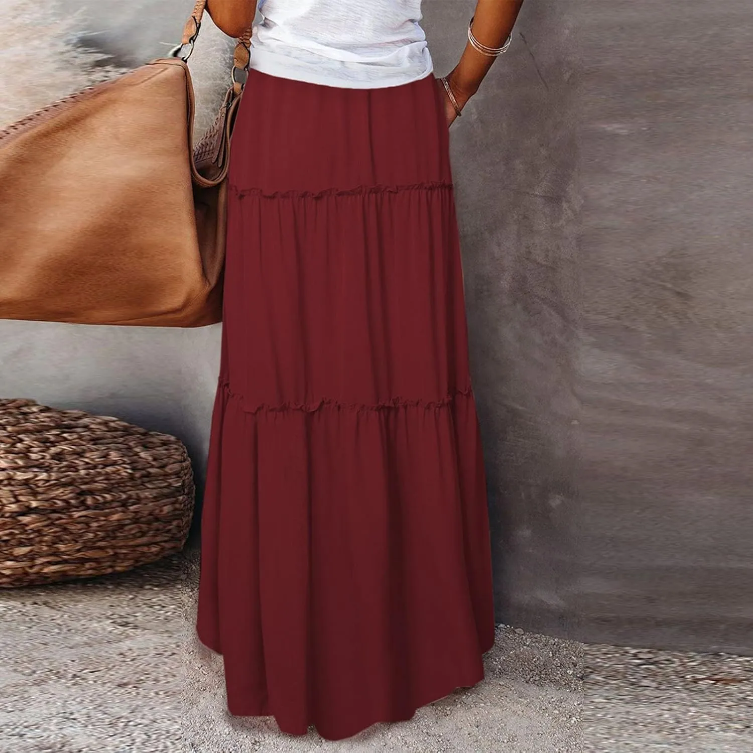 Boho Floral Skirt for Women High Waist A Line Flowy Tiered Skirts Summer Pleated Ruffle Long Maxi Skirt with Pockets