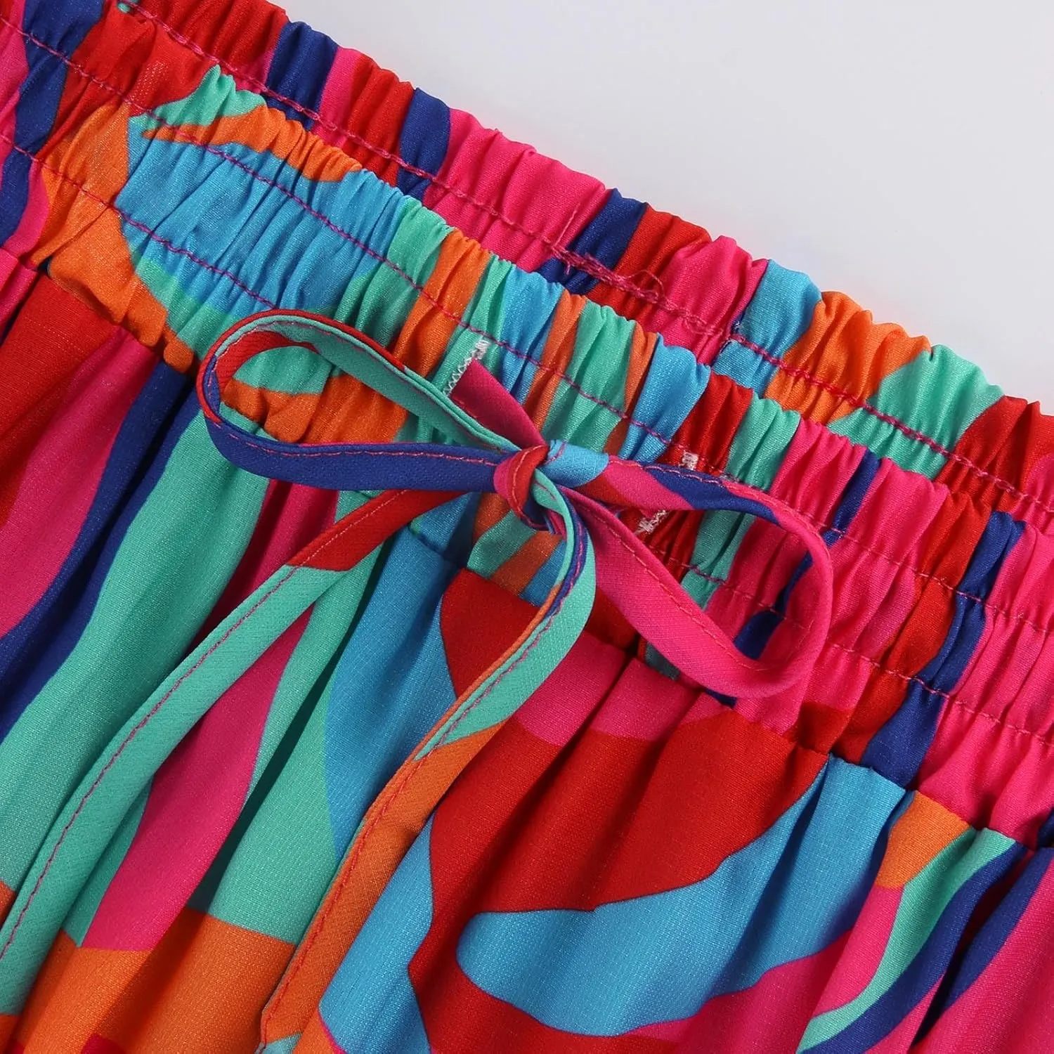 Boho Floral Skirt for Women High Waist A Line Flowy Tiered Skirts Summer Pleated Ruffle Long Maxi Skirt with Pockets