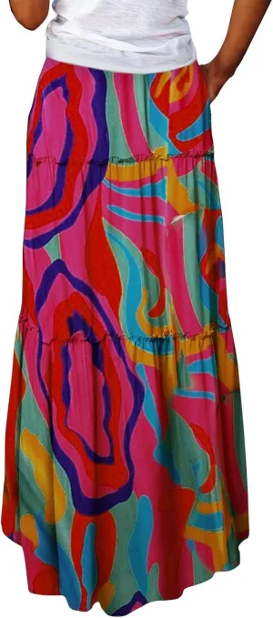Boho Floral Skirt for Women High Waist A Line Flowy Tiered Skirts Summer Pleated Ruffle Long Maxi Skirt with Pockets