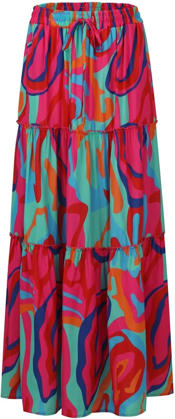 Boho Floral Skirt for Women High Waist A Line Flowy Tiered Skirts Summer Pleated Ruffle Long Maxi Skirt with Pockets