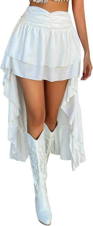 Boho Skirt for Summer Vacation Womens High Elastic Waist Pleated Double Ruffles Casual Patchwork Midi Skirts for Women