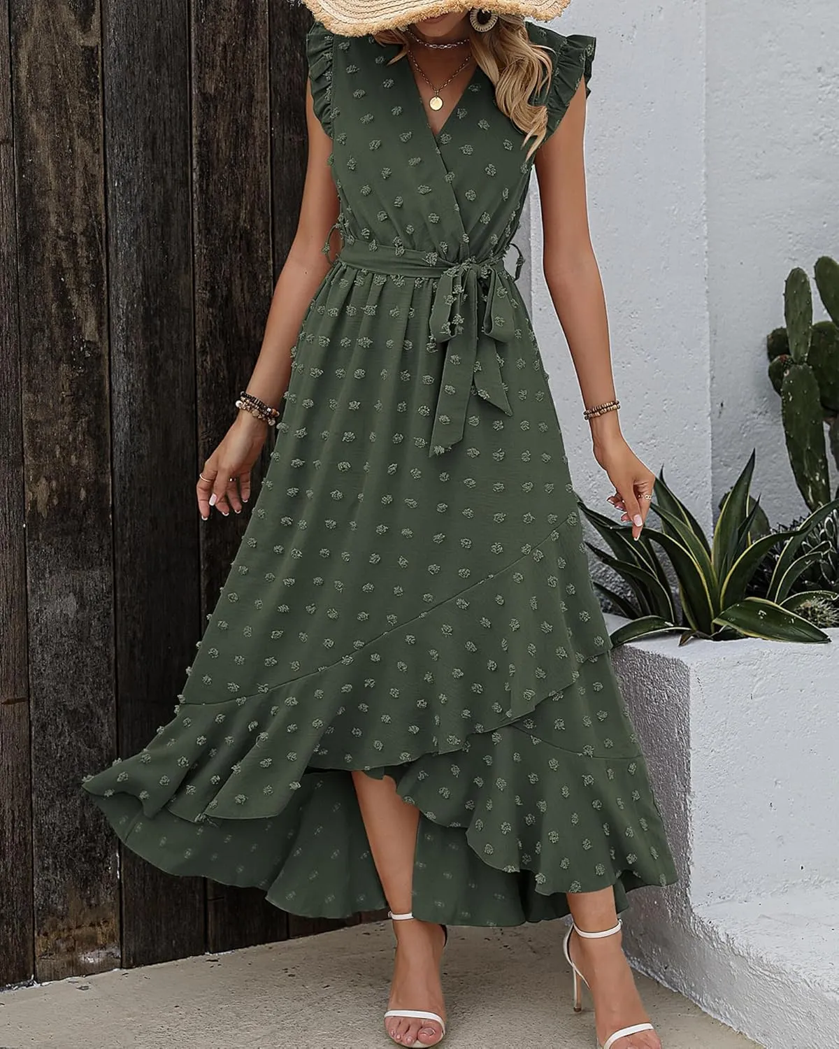 BTFBM Women V Neck Summer Dress 2025 Cap Sleeve Swiss Dot Boho Flowy Ruffle Slit Beach Party Long Maxi Cocktail Dresses