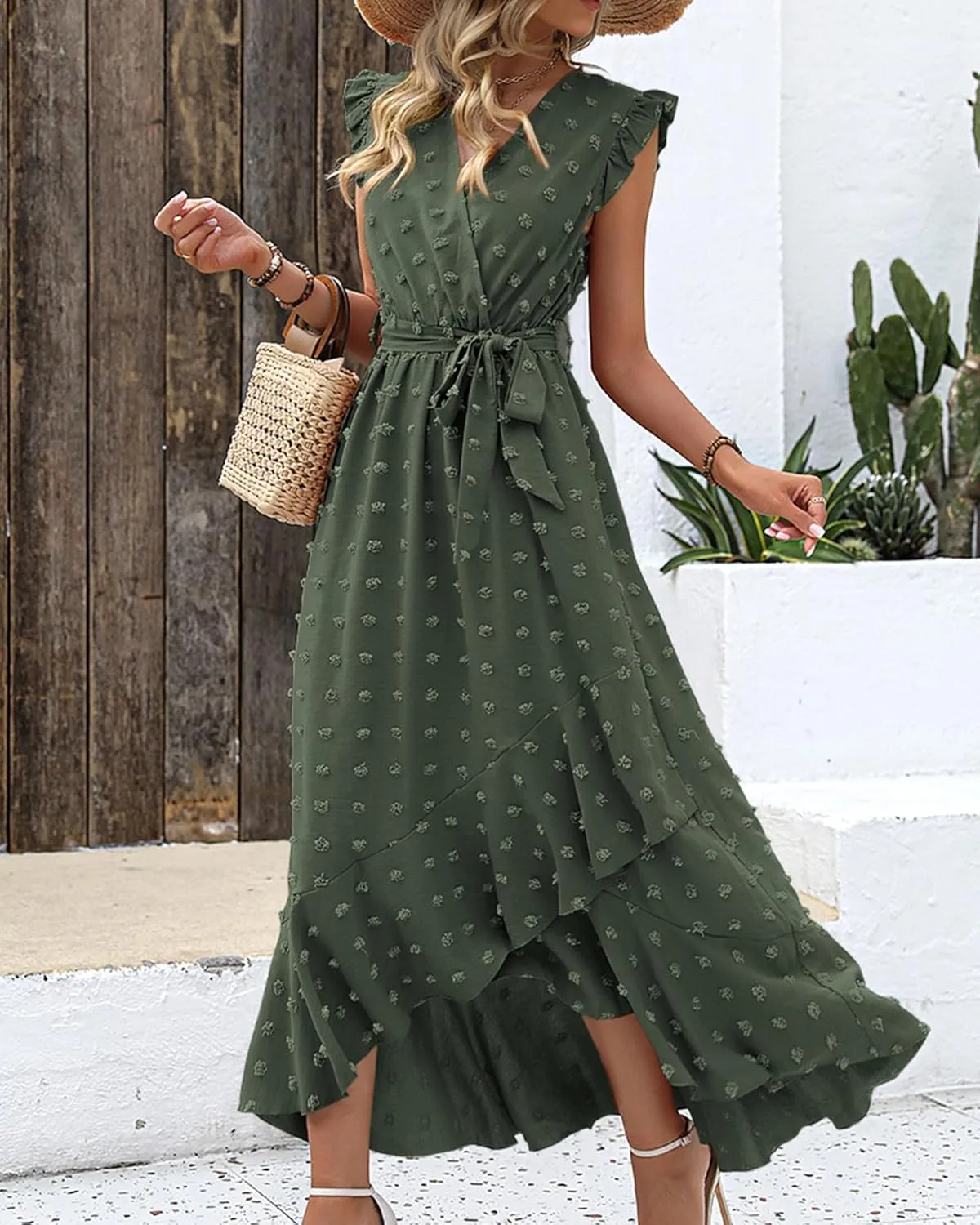 BTFBM Women V Neck Summer Dress 2025 Cap Sleeve Swiss Dot Boho Flowy Ruffle Slit Beach Party Long Maxi Cocktail Dresses