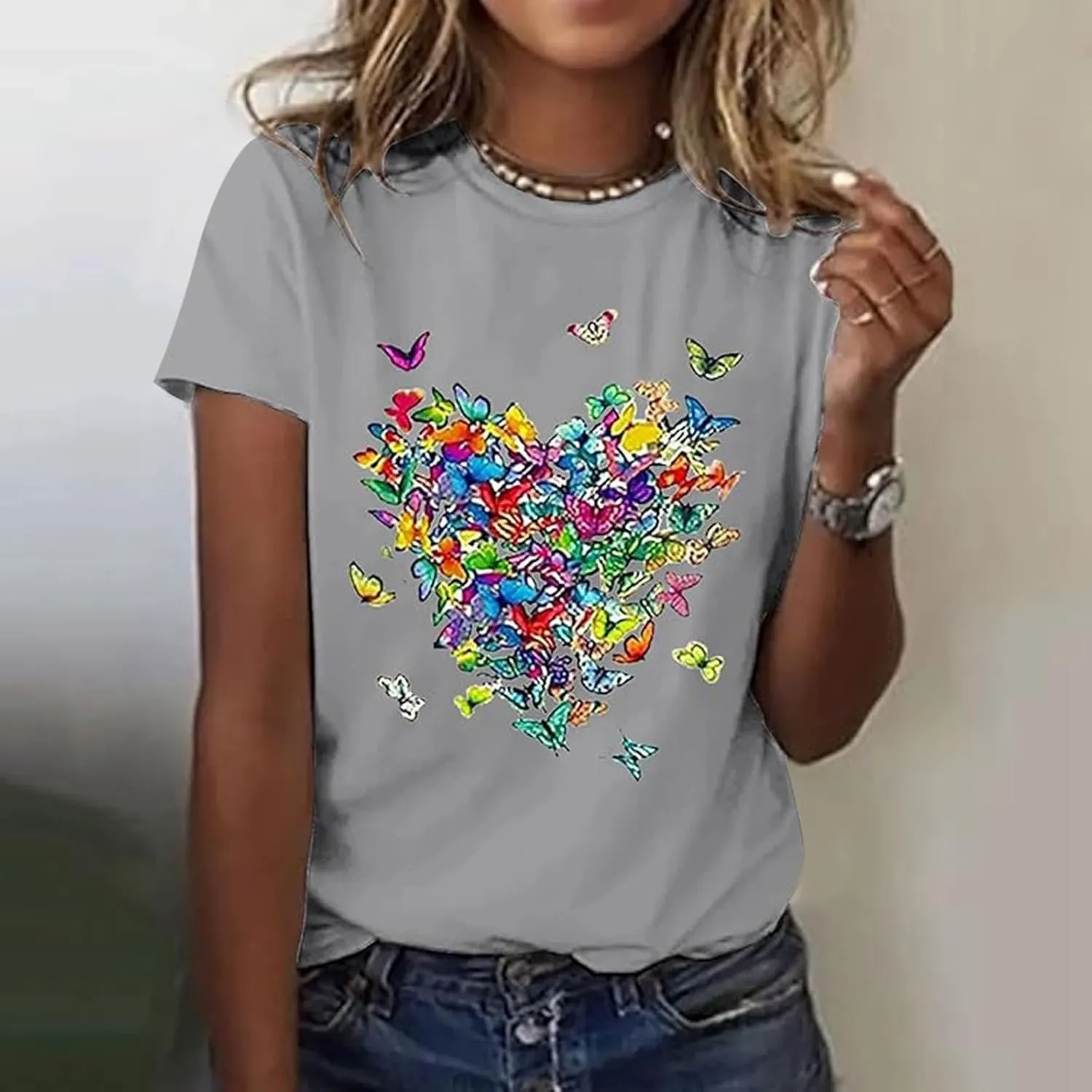 Butterfly Printed Tops for Women Baggy Oversize Short Sleeve T Shirts Crew Neck Casual Trendy Cooling Comfort Pullover