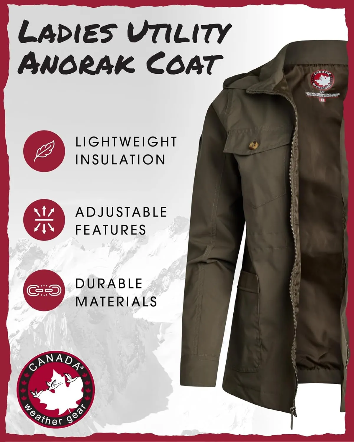 CANADA WEATHER GEAR Womens Utility Jacket - Long Sleeve Zip Up Hooded Safari Military Anorak Jackets for Women (Sizes: S-2XL)