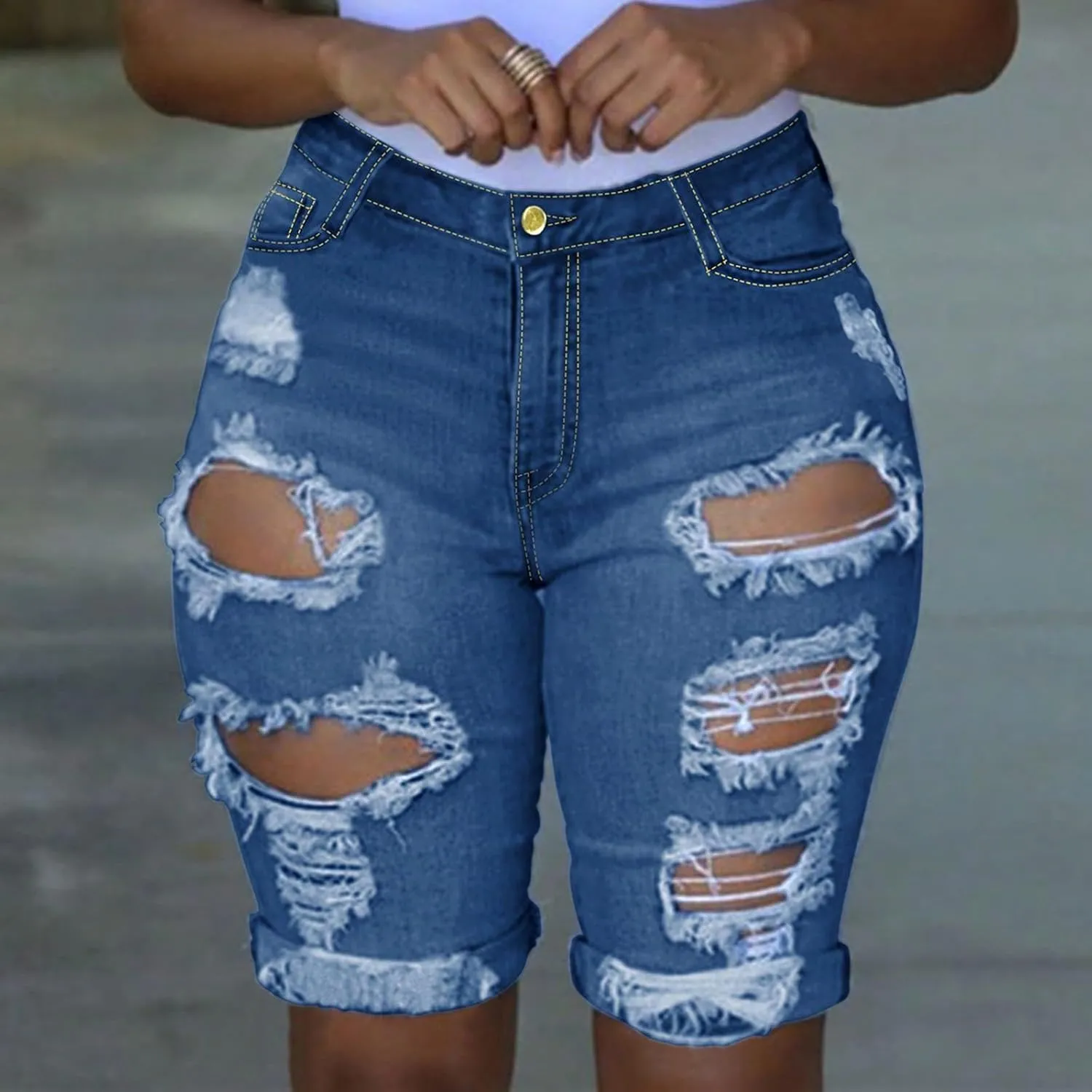 Capri Jeans for Women High Waisted Ripped Stretch Denim Capris Trendy Skinny Cuffed Denim Cropped Pants with Pockets