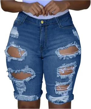 Capri Jeans for Women High Waisted Ripped Stretch Denim Capris Trendy Skinny Cuffed Denim Cropped Pants with Pockets