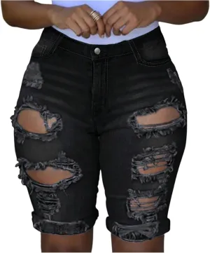 Capri Jeans for Women High Waisted Ripped Stretch Denim Capris Trendy Skinny Cuffed Denim Cropped Pants with Pockets