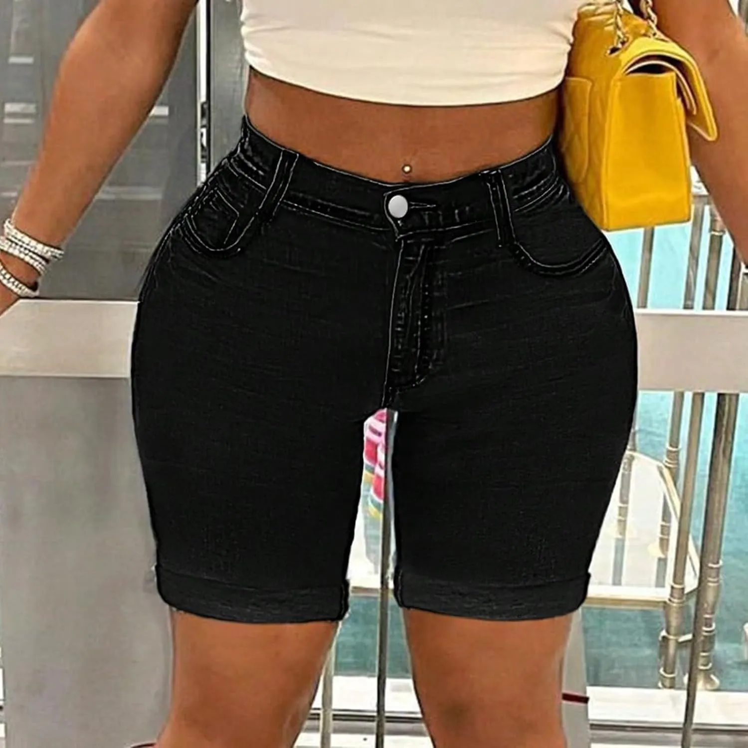 Capri Jeans for Women High Waisted Ripped Stretch Denim Capris Trendy Skinny Cuffed Denim Cropped Pants with Pockets