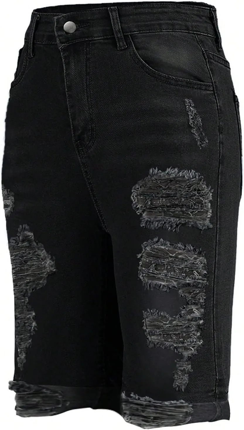 Capri Jeans for Women High Waisted Ripped Stretch Denim Capris Trendy Skinny Cuffed Denim Cropped Pants with Pockets
