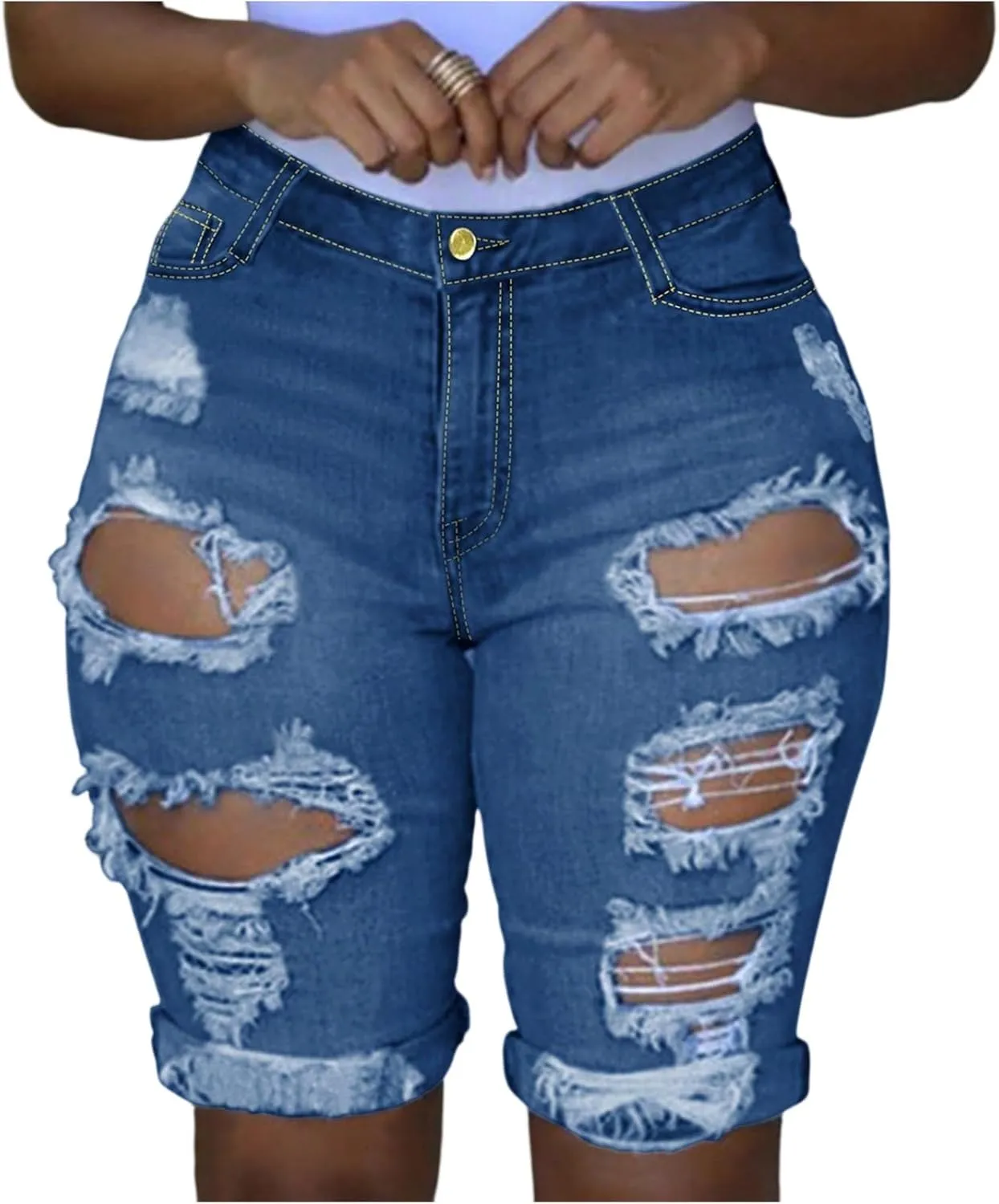 Capri Jeans for Women High Waisted Ripped Stretch Denim Capris Trendy Skinny Cuffed Denim Cropped Pants with Pockets