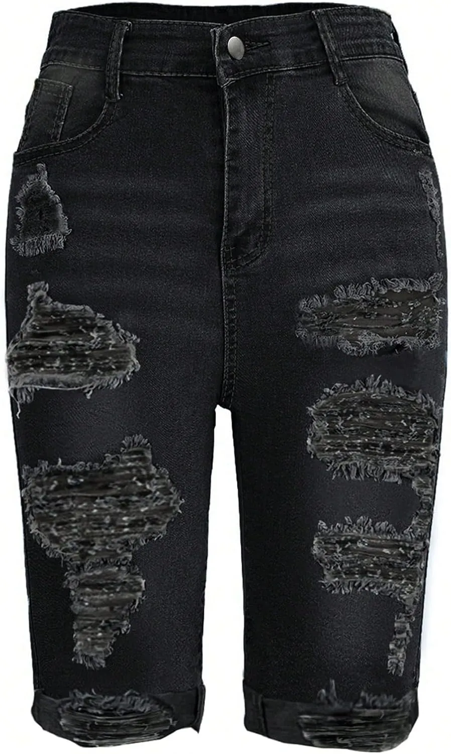 Capri Jeans for Women High Waisted Ripped Stretch Denim Capris Trendy Skinny Cuffed Denim Cropped Pants with Pockets