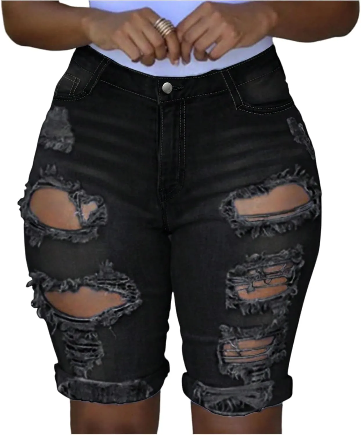 Capri Jeans for Women High Waisted Ripped Stretch Denim Capris Trendy Skinny Cuffed Denim Cropped Pants with Pockets