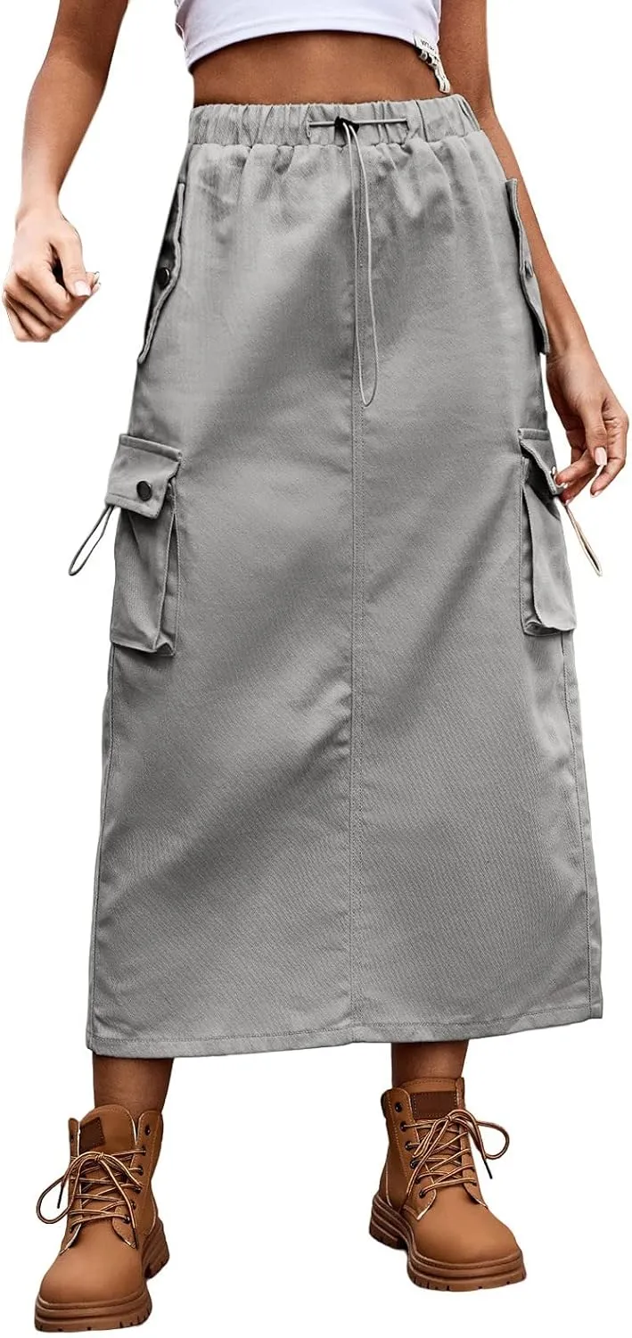 Cargo Skirts for Women High Waisted Casual A Line Side Drawstring Y2K Midi Long Skirt with Pockets Trendy Outfits