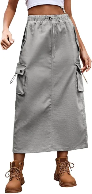 Cargo Skirts for Women High Waisted Casual A Line Side Drawstring Y2K Midi Long Skirt with Pockets Trendy Outfits