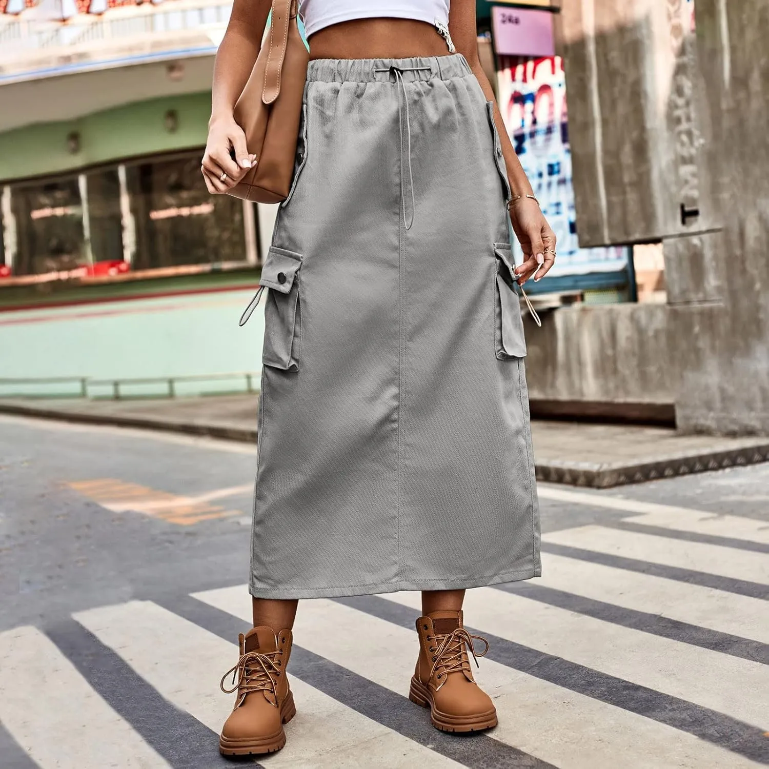 Cargo Skirts for Women High Waisted Casual A Line Side Drawstring Y2K Midi Long Skirt with Pockets Trendy Outfits