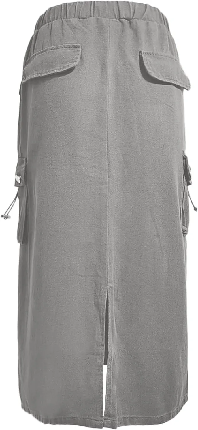 Cargo Skirts for Women High Waisted Casual A Line Side Drawstring Y2K Midi Long Skirt with Pockets Trendy Outfits