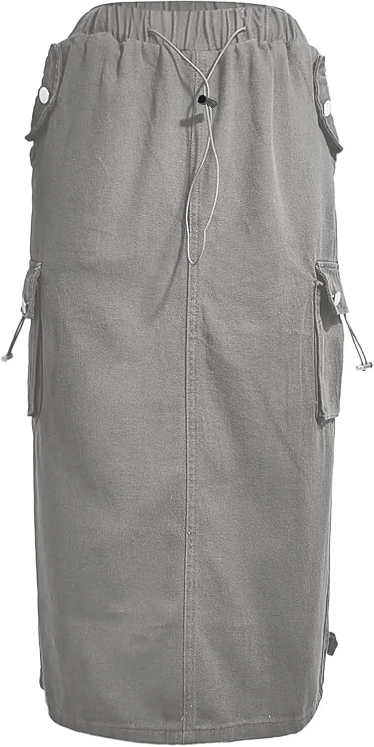 Cargo Skirts for Women High Waisted Casual A Line Side Drawstring Y2K Midi Long Skirt with Pockets Trendy Outfits