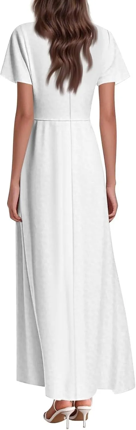 Casual Summer Dresses for Women 2025,Women's Summer Solid Color V Neck Flowy Maxi Dress Casual Boho Chiffon Beach Dress