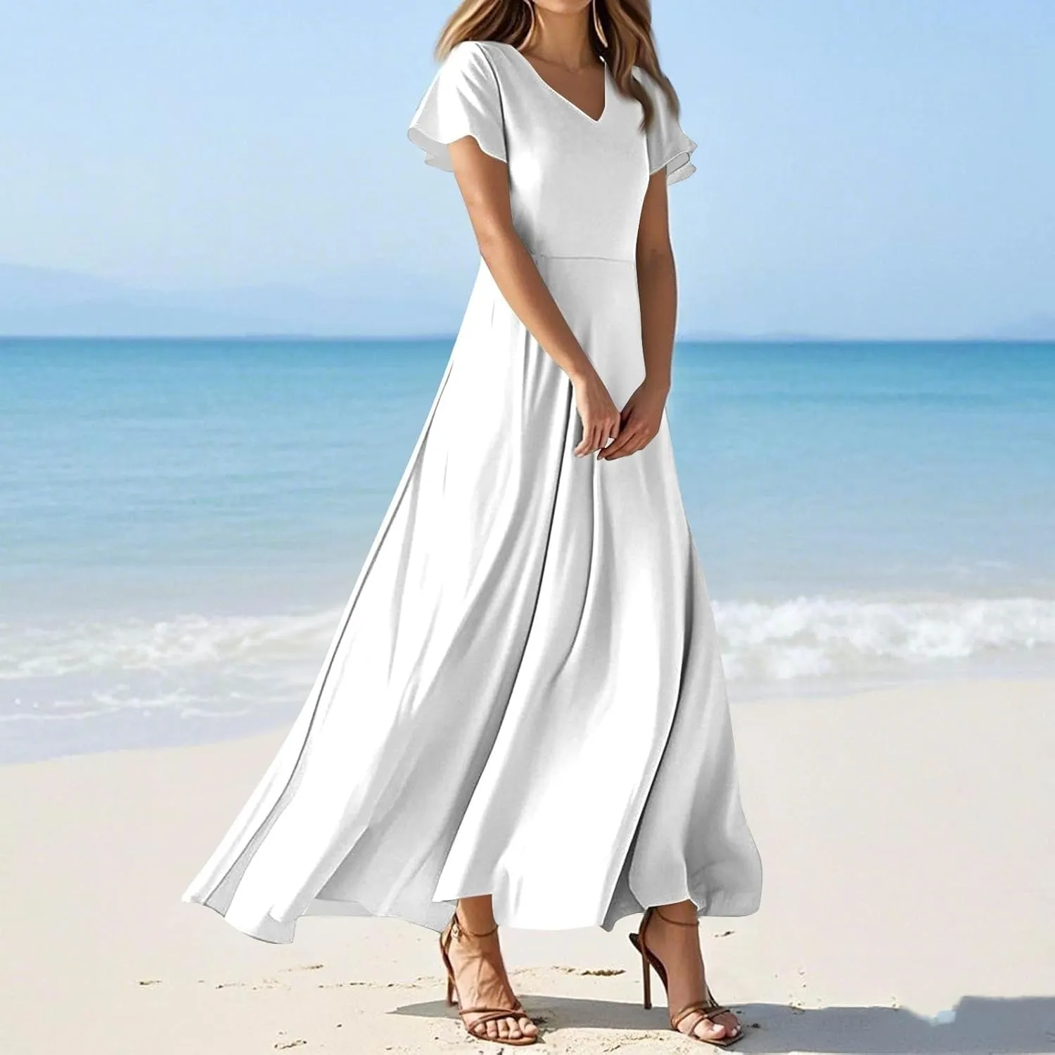 Casual Summer Dresses for Women 2025,Women's Summer Solid Color V Neck Flowy Maxi Dress Casual Boho Chiffon Beach Dress
