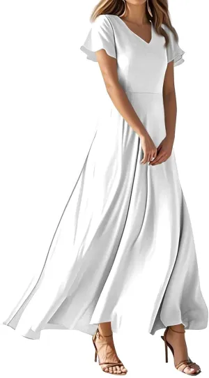 Casual Summer Dresses for Women 2025,Women's Summer Solid Color V Neck Flowy Maxi Dress Casual Boho Chiffon Beach Dress