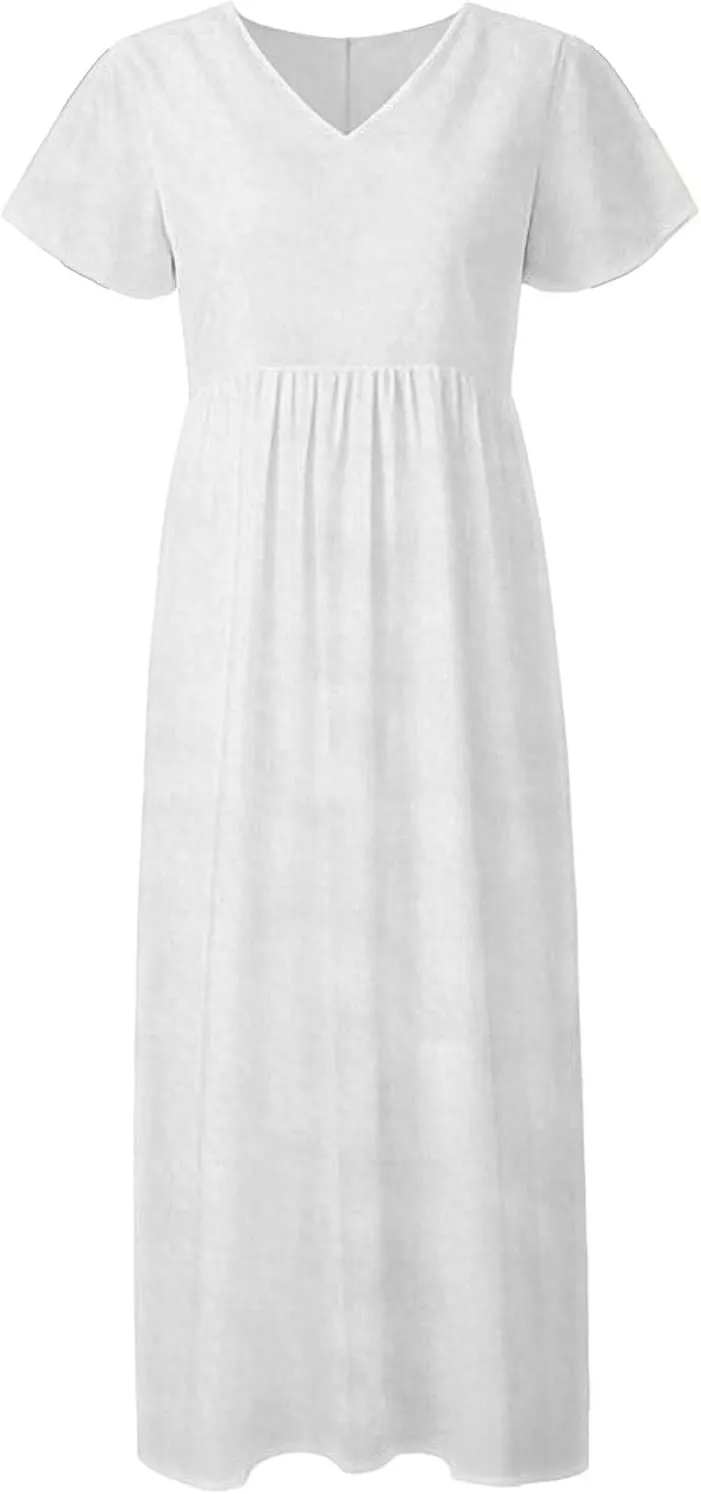 Casual Summer Dresses for Women 2025,Women's Summer Solid Color V Neck Flowy Maxi Dress Casual Boho Chiffon Beach Dress