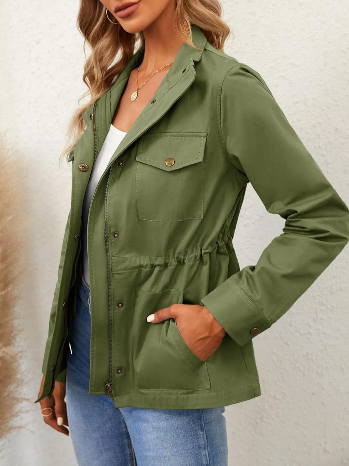 Chang Yun Jackets For Women Military Safari Utility Anorak Zip Up Snap Buttons Lightweight Drawstring Coat with Pockets