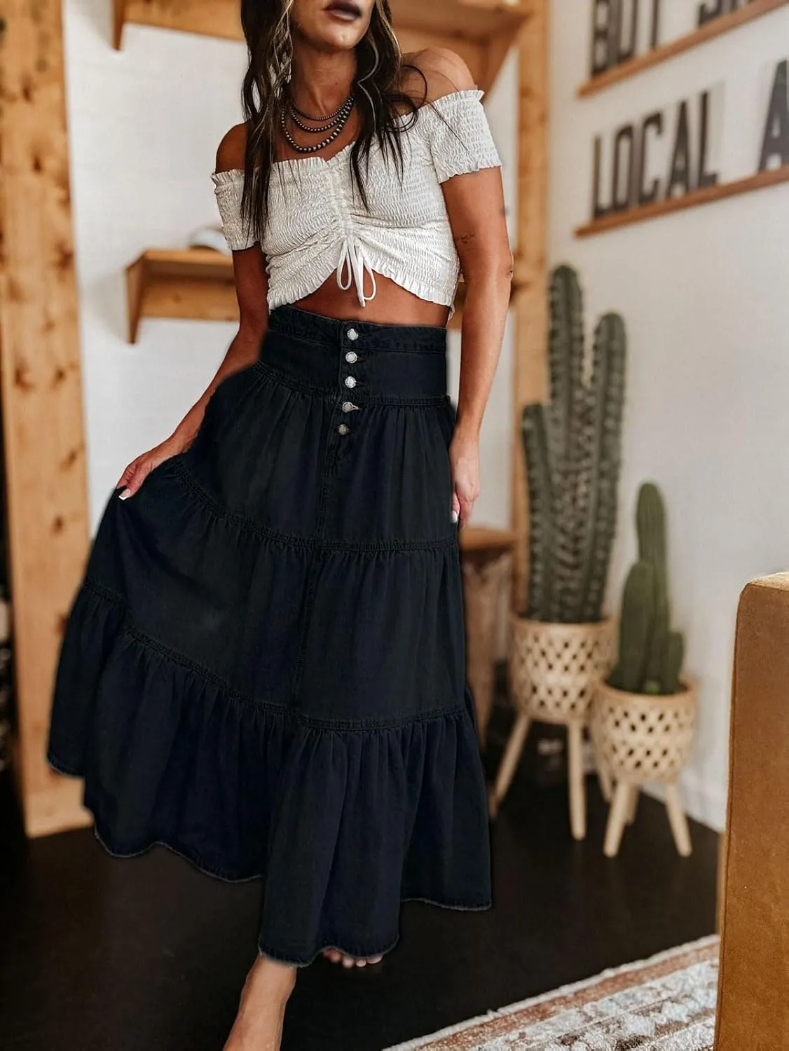CHARTOU Women's High Waist Tiered Denim Maxi Skirt Ruffle Buttons Flowy Boho Pleated Long Jean Skirts