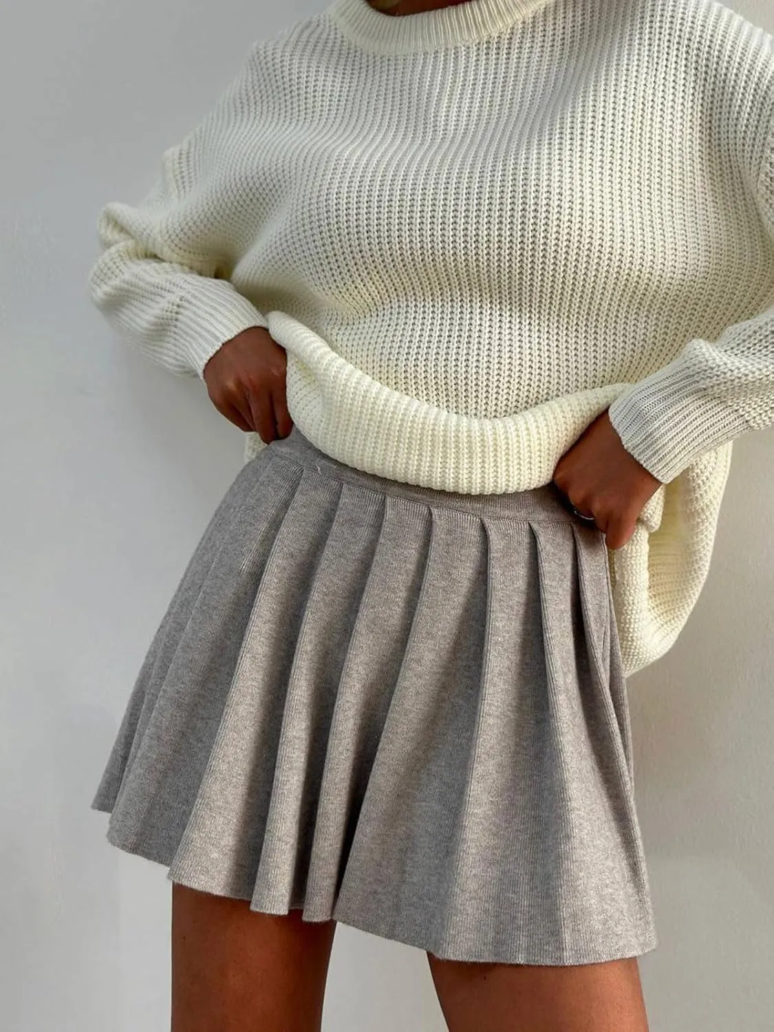 CHARTOU Women's Rib Knit Pleated Mini Skirt High Waist Cotton Short Skirts Slouchy Fall A Line Tennis Skirt