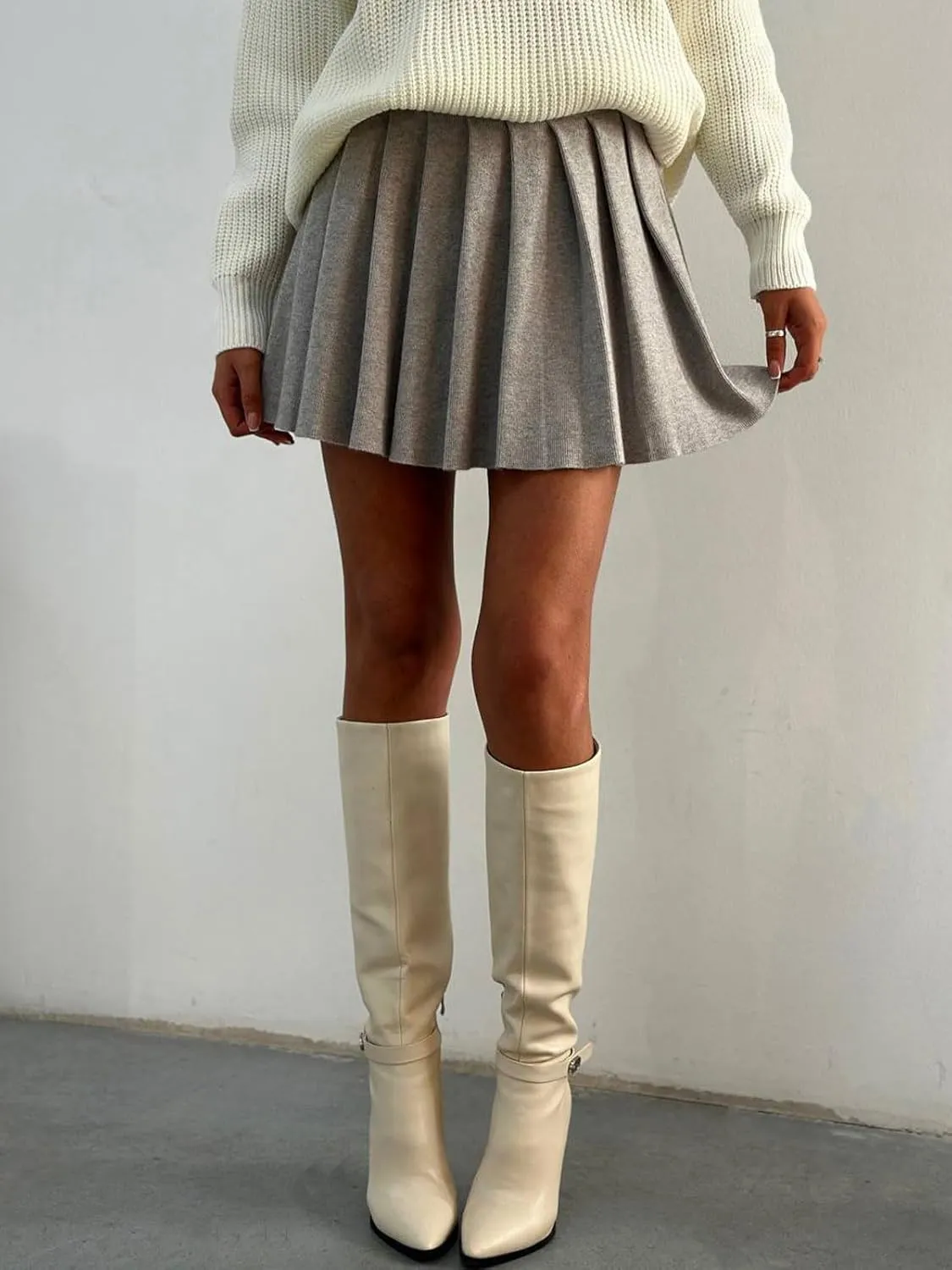 CHARTOU Women's Rib Knit Pleated Mini Skirt High Waist Cotton Short Skirts Slouchy Fall A Line Tennis Skirt