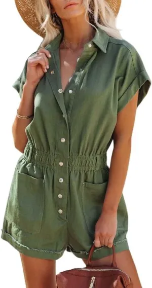 chouyatou Women's Short Cuffed Sleeve Utility Rompers Elastic Waist Button Down Cotton Pocketed Jumpsuit