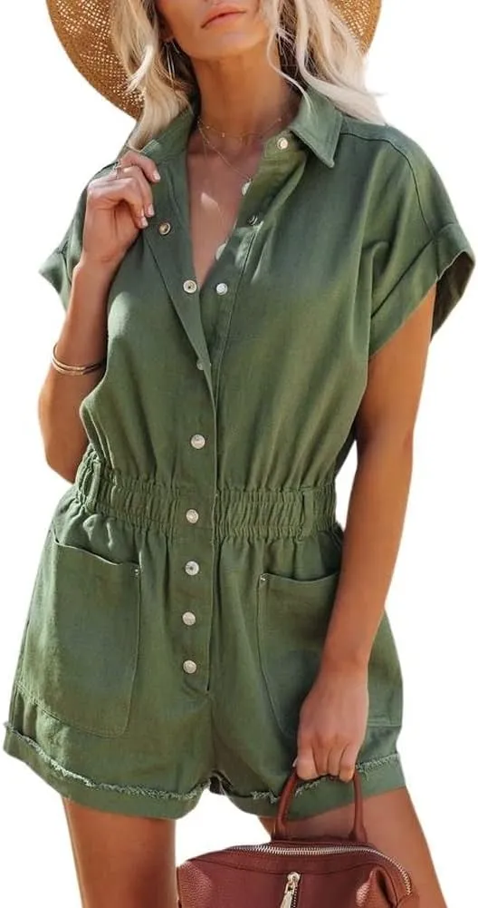 chouyatou Women's Short Cuffed Sleeve Utility Rompers Elastic Waist Button Down Cotton Pocketed Jumpsuit