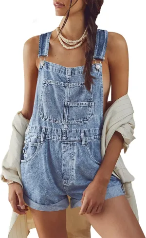 Cicy Bell Womens Denim Bib Overall Shorts Casual Classic Adjustable Straps Cuffed Hem Jean Shortalls Summer Outfits
