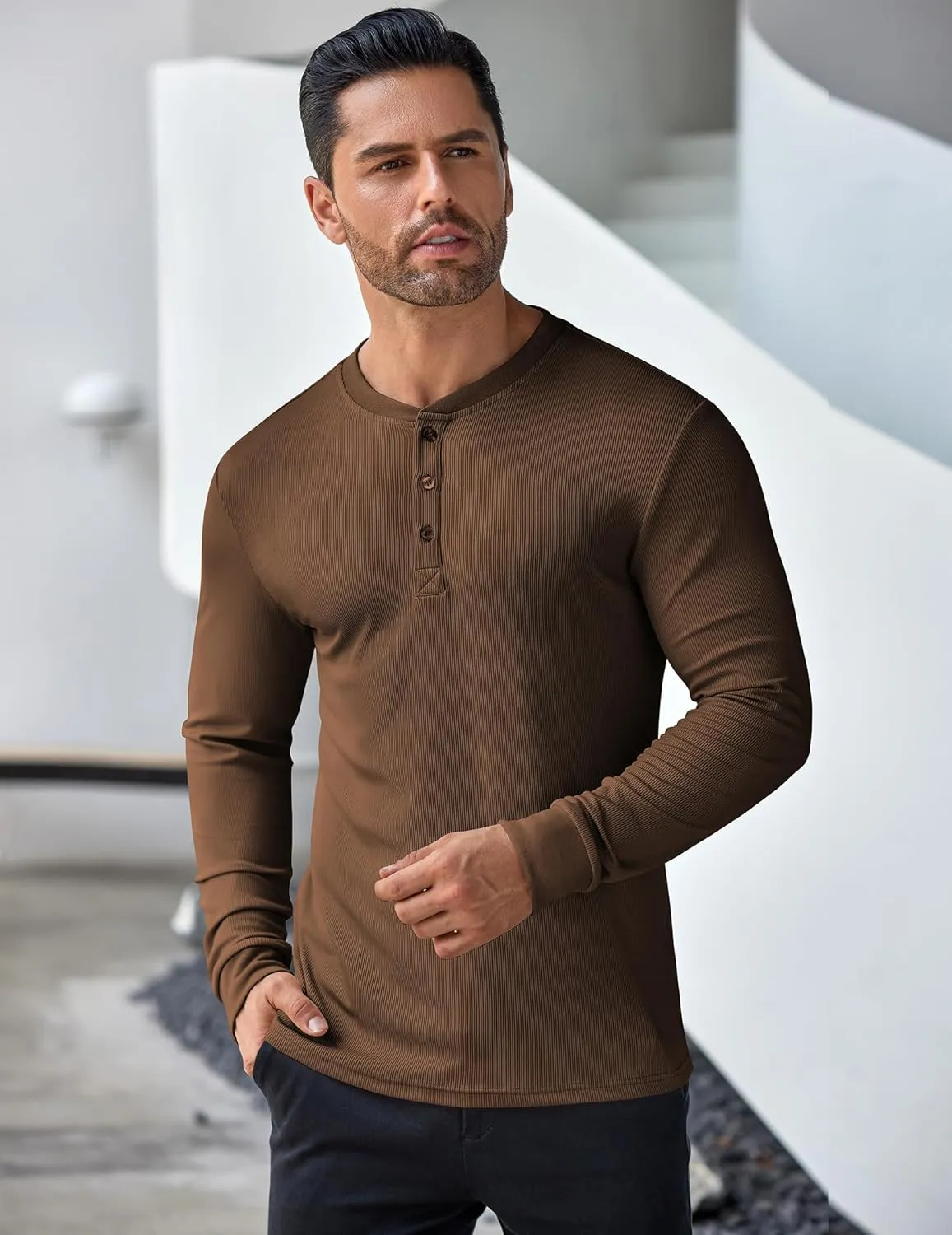 COOFANDY Men's Long Sleeve Henley Shirts Stretch Ribbed T-Shirts Fashion Casual Basic Tops