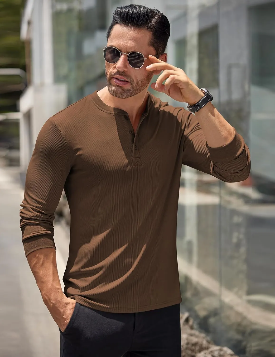 COOFANDY Men's Long Sleeve Henley Shirts Stretch Ribbed T-Shirts Fashion Casual Basic Tops