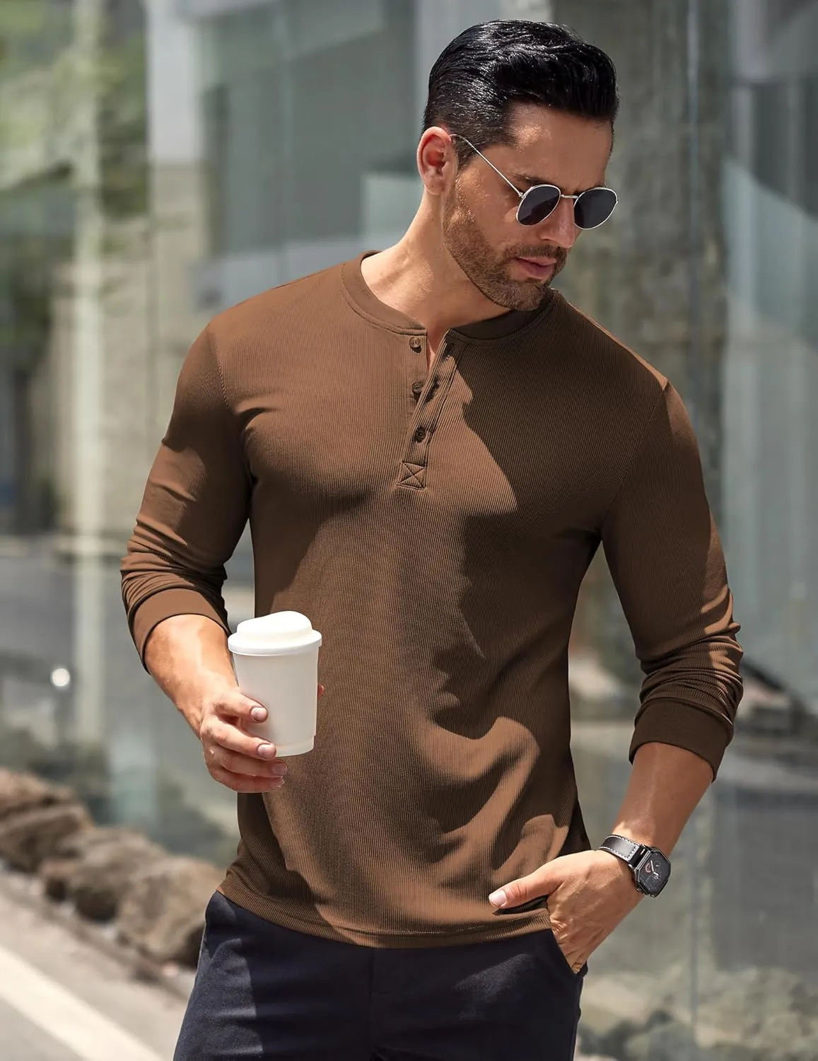 COOFANDY Men's Long Sleeve Henley Shirts Stretch Ribbed T-Shirts Fashion Casual Basic Tops