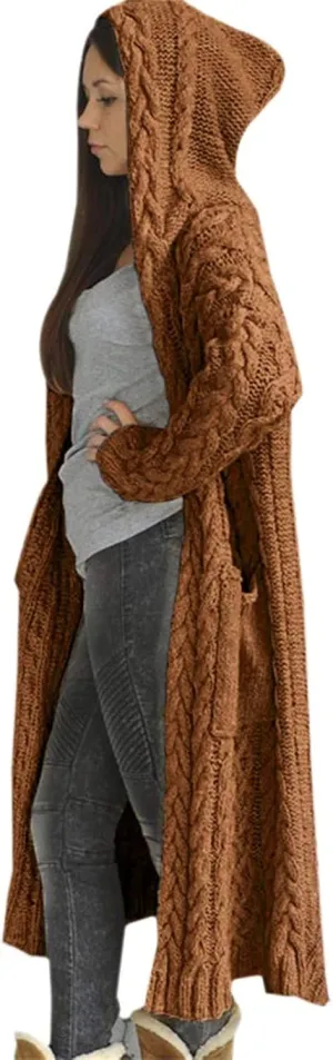 Corduroy Jacket Women Oversized Baggy Knit Sweater Tops Long Sleeve Hooded Cardigan Coat with Pockets