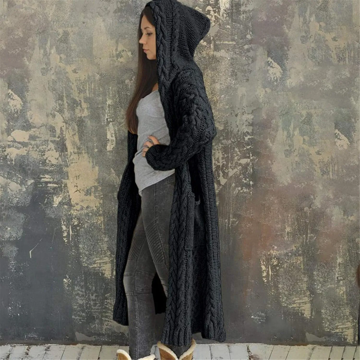 Corduroy Jacket Women Oversized Baggy Knit Sweater Tops Long Sleeve Hooded Cardigan Coat with Pockets
