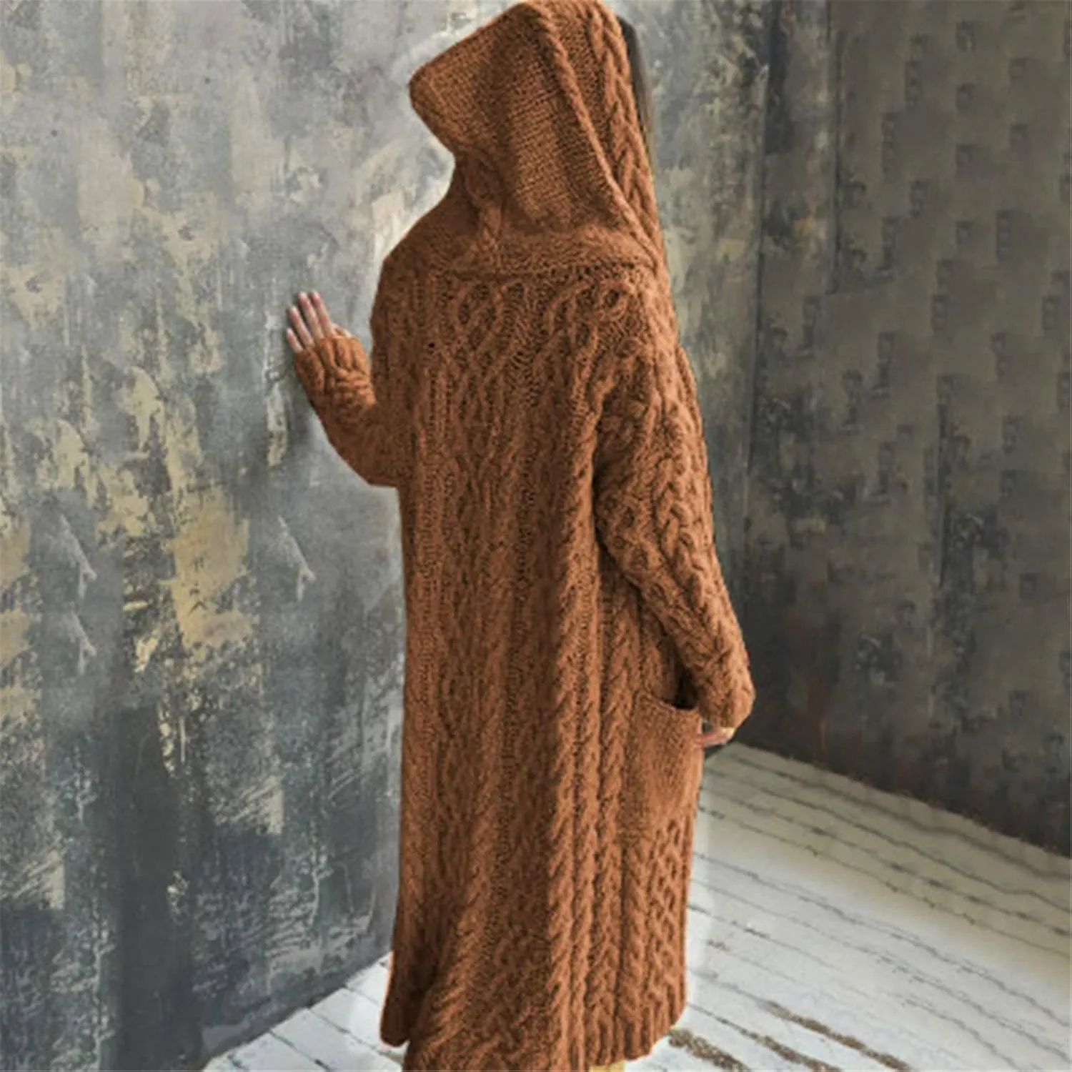 Corduroy Jacket Women Oversized Baggy Knit Sweater Tops Long Sleeve Hooded Cardigan Coat with Pockets
