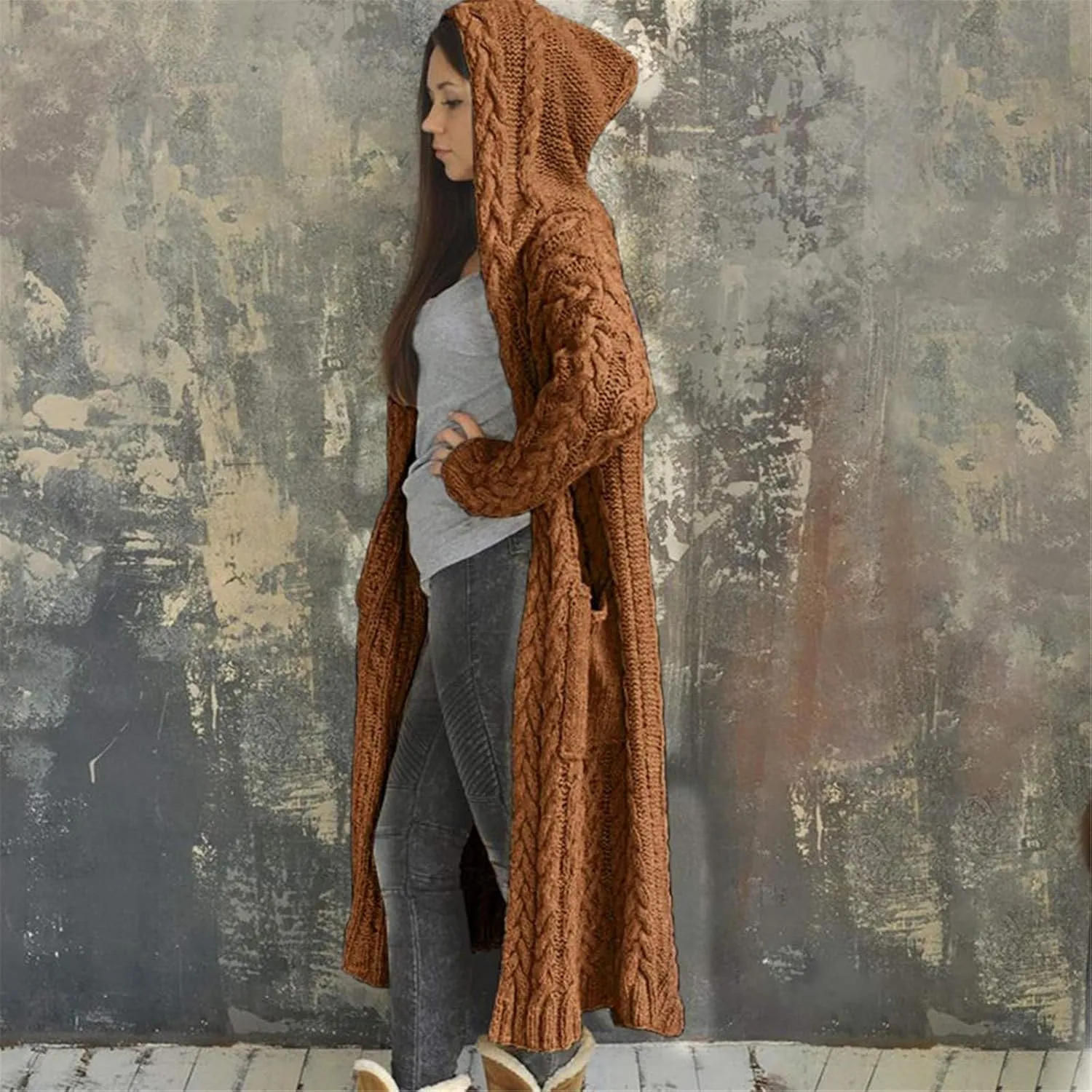 Corduroy Jacket Women Oversized Baggy Knit Sweater Tops Long Sleeve Hooded Cardigan Coat with Pockets