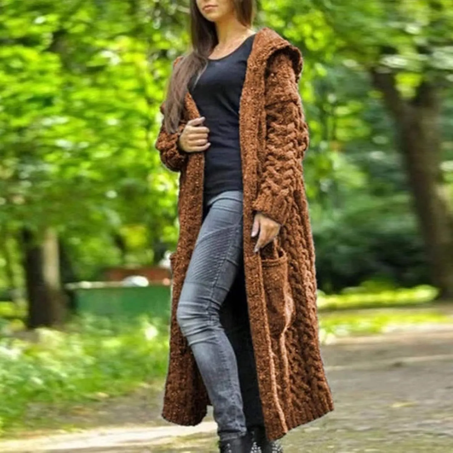 Corduroy Jacket Women Oversized Baggy Knit Sweater Tops Long Sleeve Hooded Cardigan Coat with Pockets