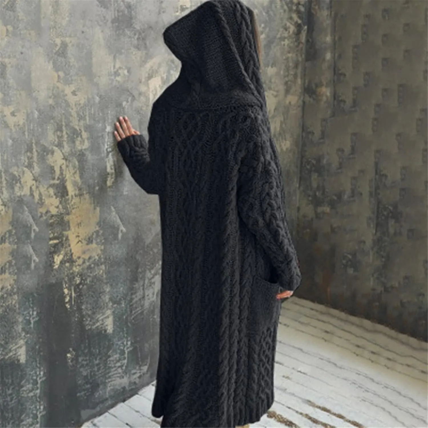 Corduroy Jacket Women Oversized Baggy Knit Sweater Tops Long Sleeve Hooded Cardigan Coat with Pockets