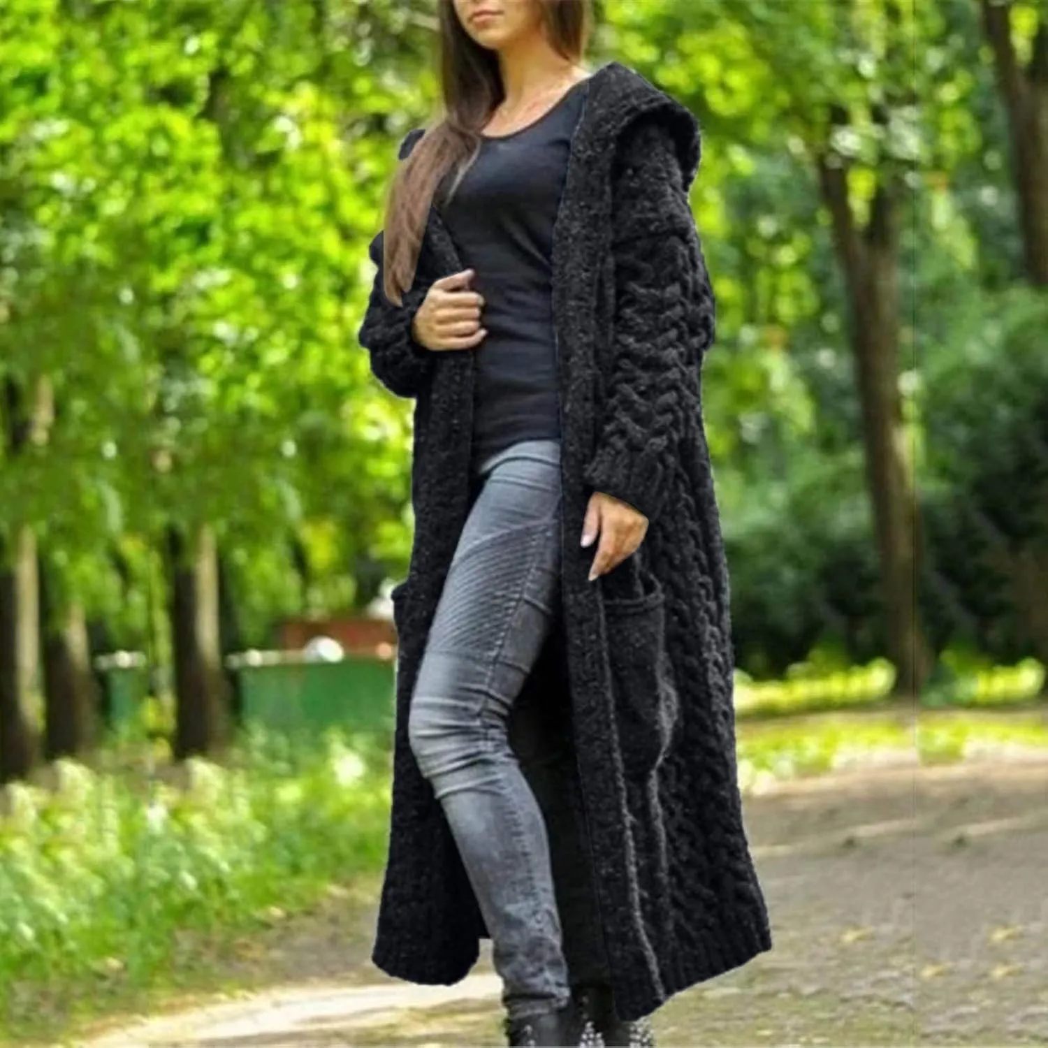 Corduroy Jacket Women Oversized Baggy Knit Sweater Tops Long Sleeve Hooded Cardigan Coat with Pockets