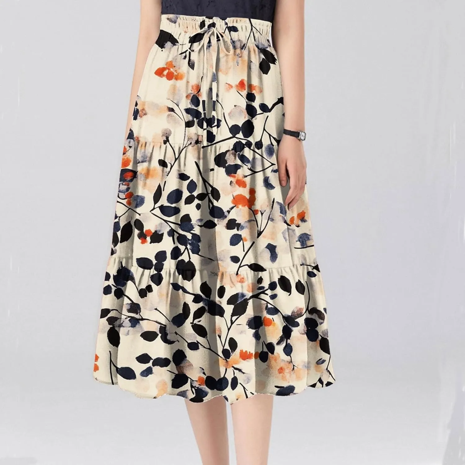 COTECRAM Womens Boho Floral Print Skirt Trendy Pleated A-Line Skirts Casual Flowy Swing Midi Skirts Beach Vacation Clothes