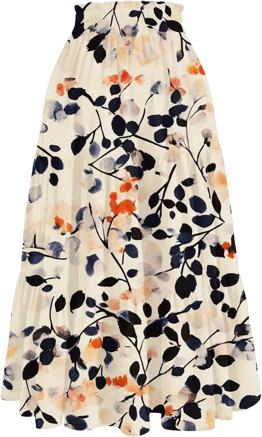 COTECRAM Womens Boho Floral Print Skirt Trendy Pleated A-Line Skirts Casual Flowy Swing Midi Skirts Beach Vacation Clothes