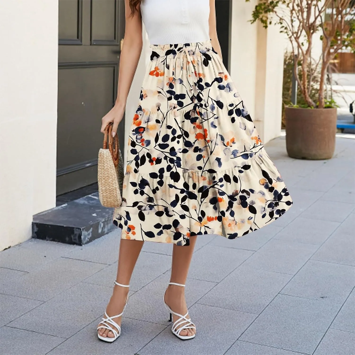 COTECRAM Womens Boho Floral Print Skirt Trendy Pleated A-Line Skirts Casual Flowy Swing Midi Skirts Beach Vacation Clothes