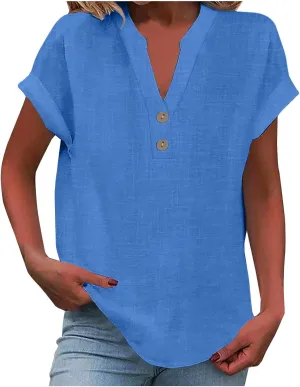 Cotton Linen for Women V Neck Button Down Tops Short Sleeve Basic Tee Summer Tops Casual Loose Solid Shirt Plus Size