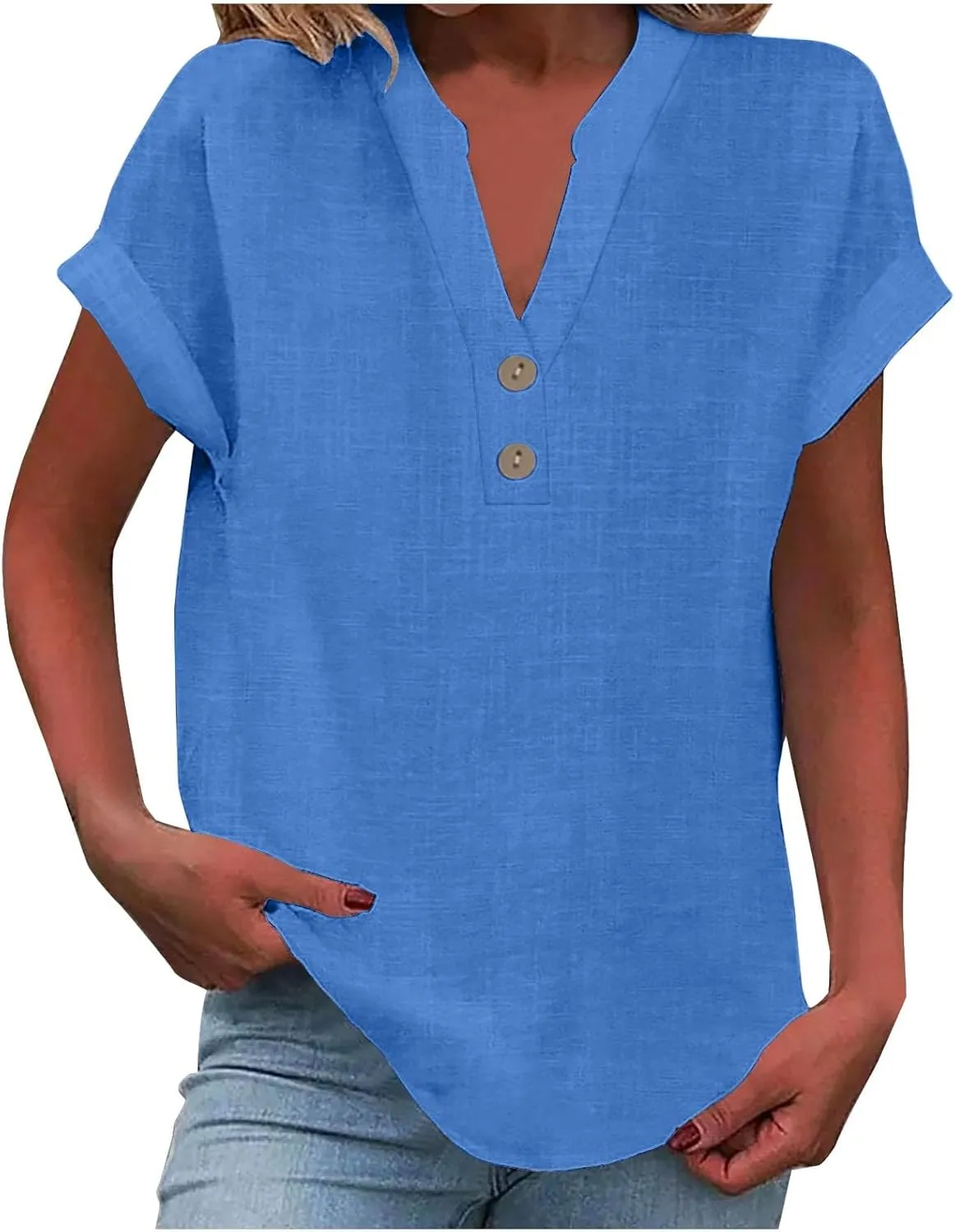 Cotton Linen for Women V Neck Button Down Tops Short Sleeve Basic Tee Summer Tops Casual Loose Solid Shirt Plus Size