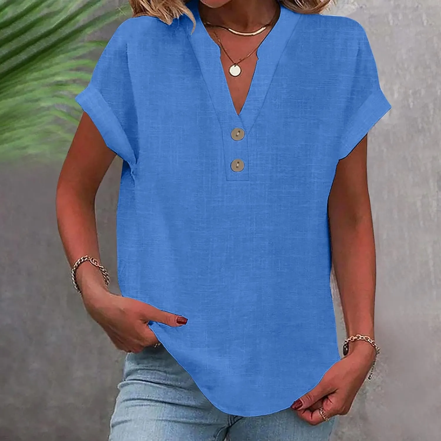 Cotton Linen for Women V Neck Button Down Tops Short Sleeve Basic Tee Summer Tops Casual Loose Solid Shirt Plus Size