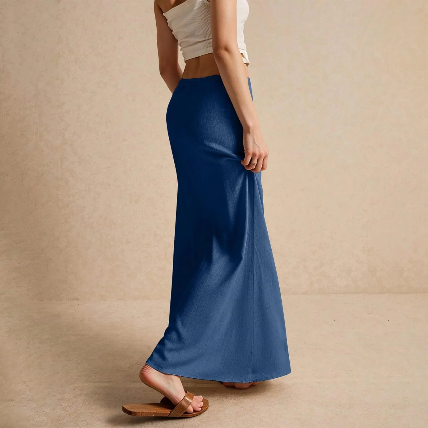 Cotton Linen Skirts for Women Maxi Length Summer Skirts Drawstring Low Rise A-Line Casual Loose Flowy Long Beach Skirt
